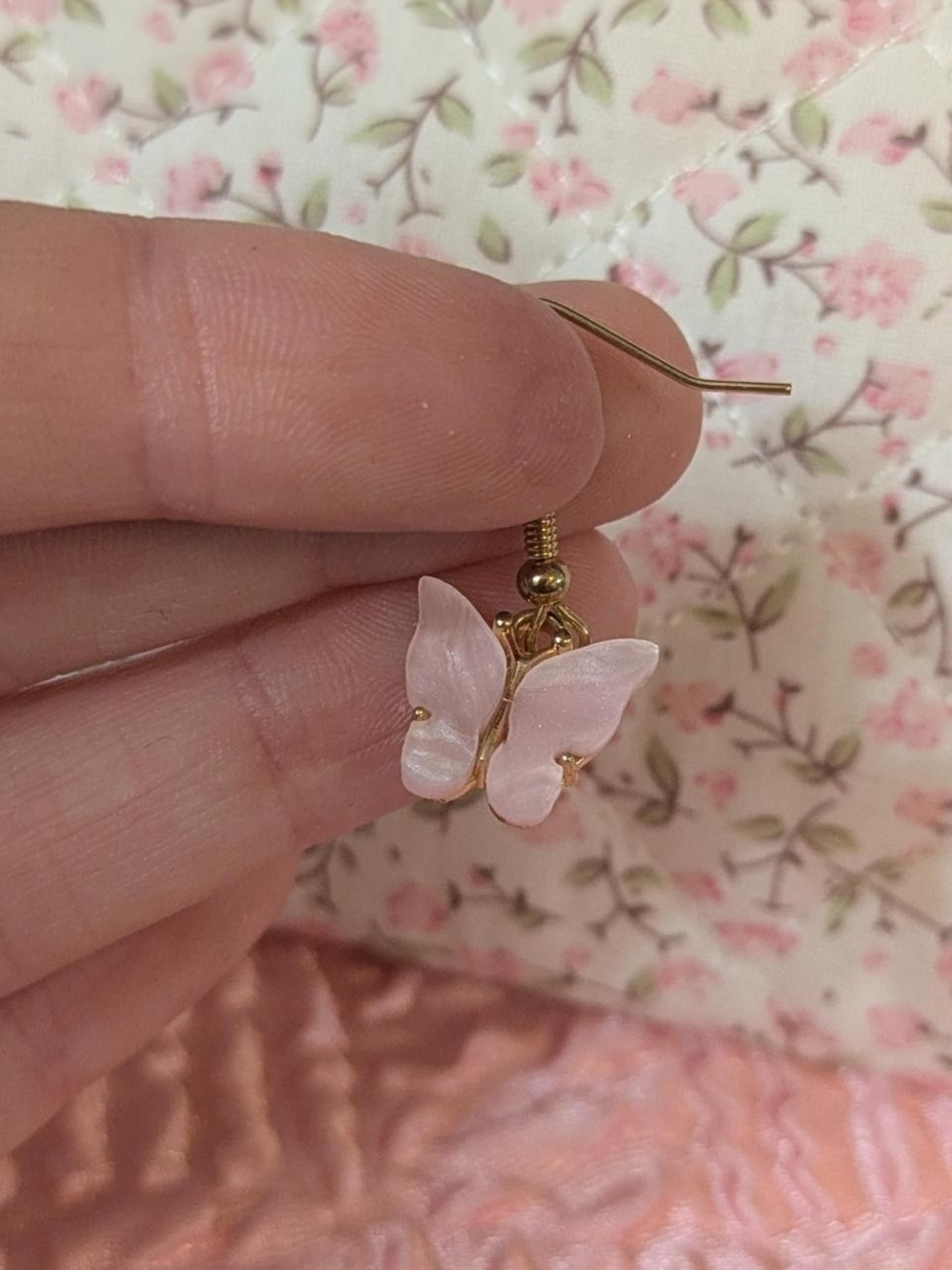 Pink Butterfly Drop Earrings - Gold-tone Accent